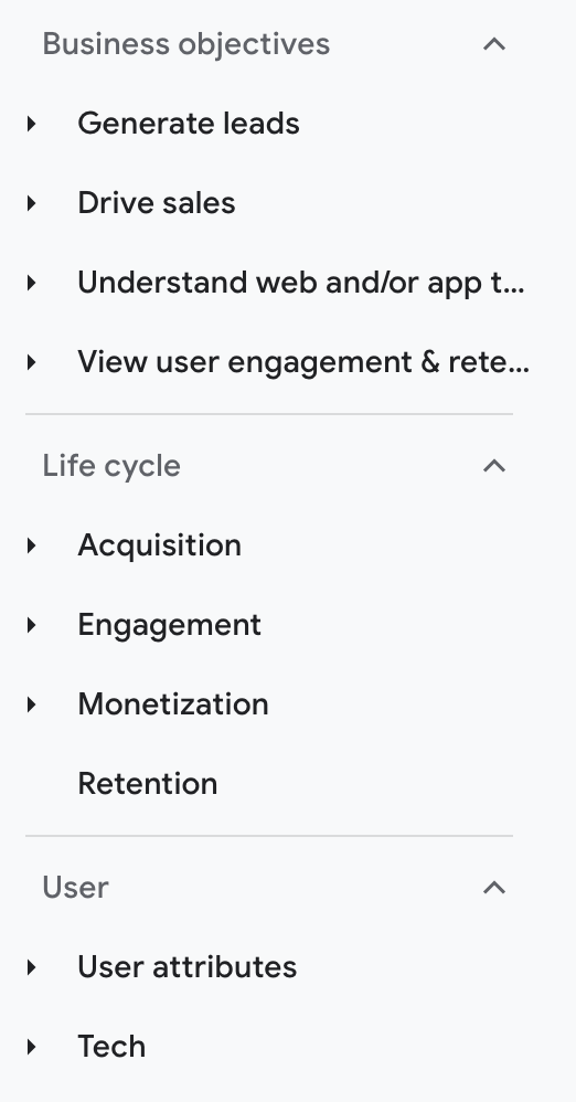 เมนูของ Google Analytics 4